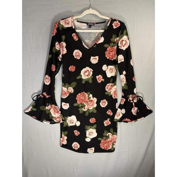 Black Floral Mini Dress Bell Sleeves sz L Juniors Pink Roses Romantic Retro - Picture 3 of 10